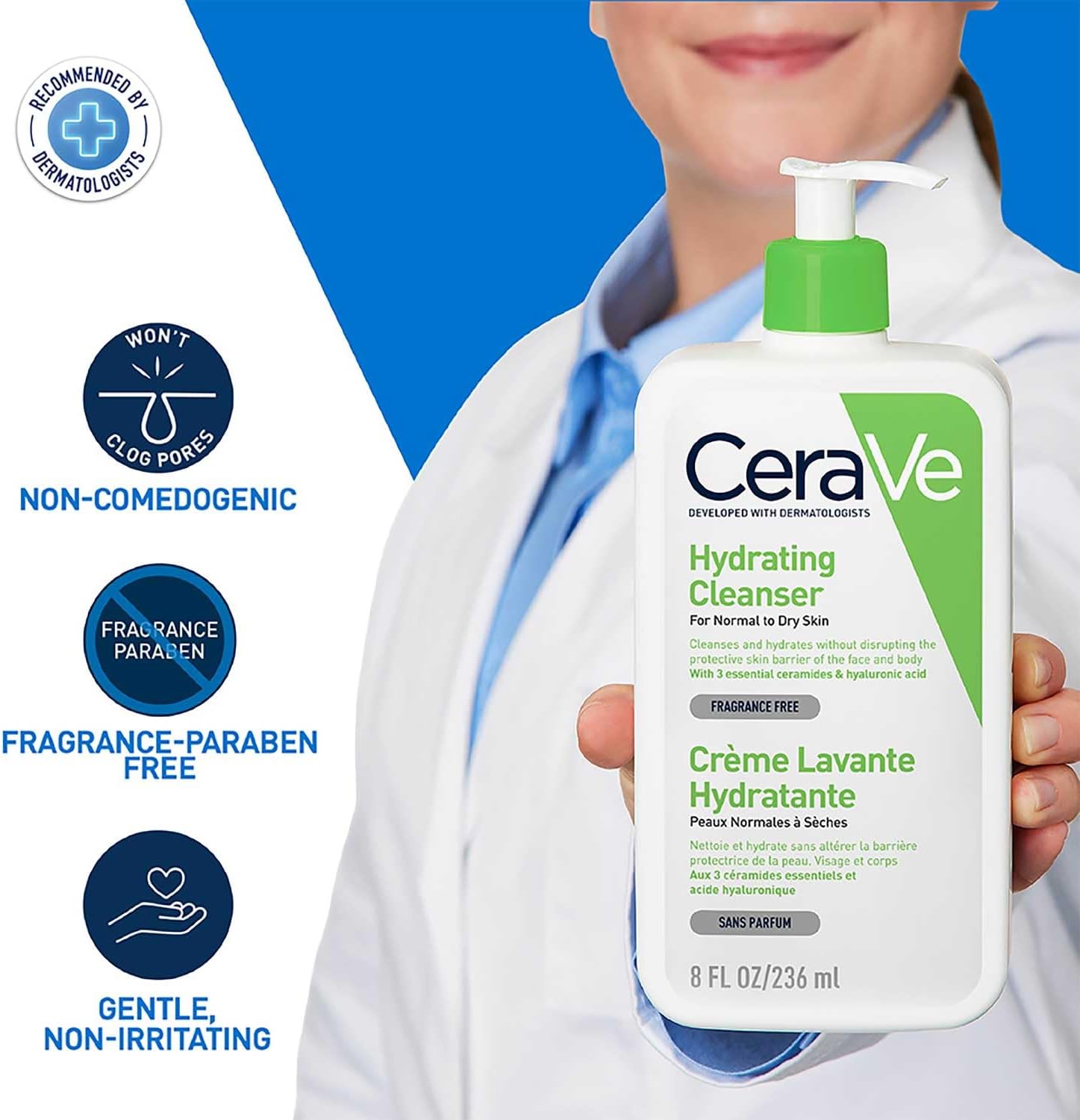 Cleanser Face - เซราวี ผลิตภัณฑ์ทำความสะอาดผิวหน้าและผิวกาย สูตรให้ความชุ่มชื้น 236 มล. เหมาะสำหรับผิวธรรมดาถึงผิวแห้ง